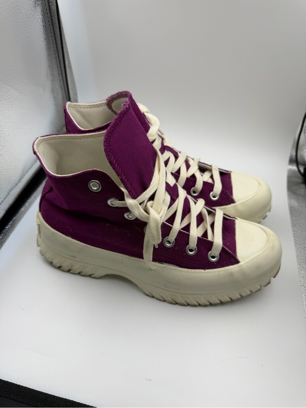 Converse High-Top Platform Sneakers in Plum and Cream